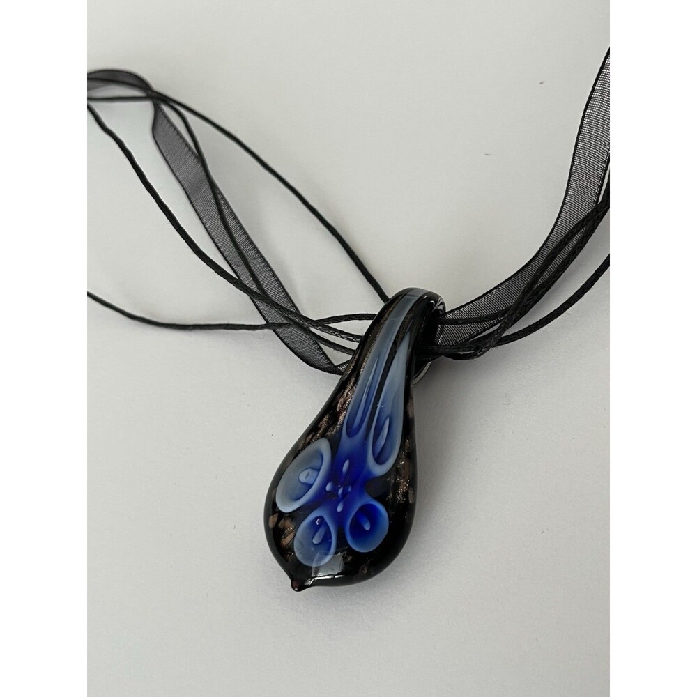 Necklace And Earring Set Hand Blown Glass Murano Style Blue Teardrop 15” +2” Ext